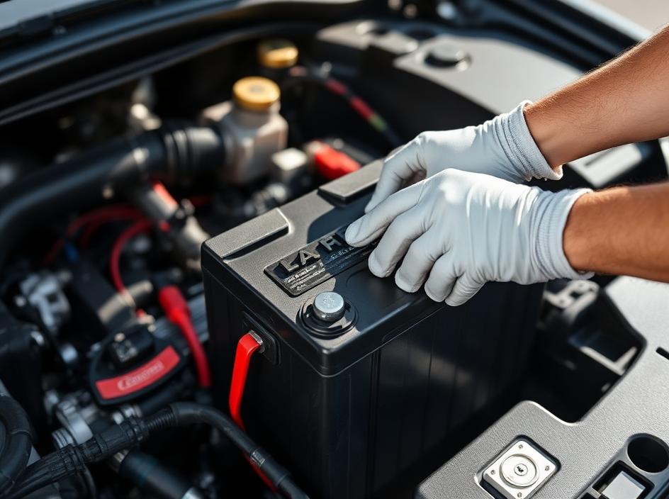 Mechanic replacing a car battery