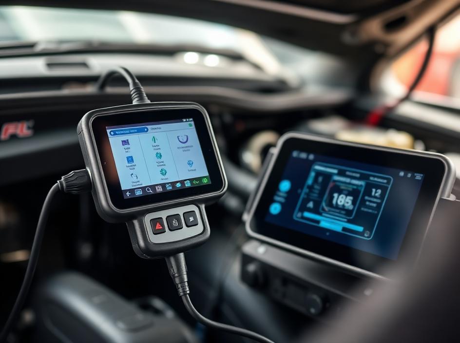 Mechanic running diagnostics on a vehicle with a tablet